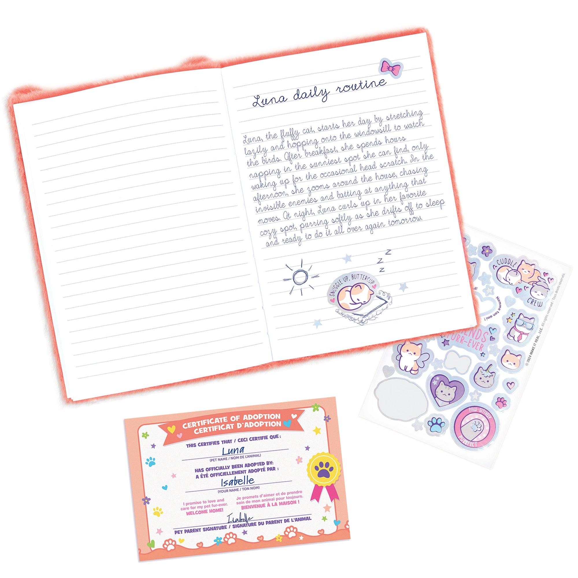 3C4G Happy Tails Plush Cat Adoption Journal - Pink Diary for Girls 6+